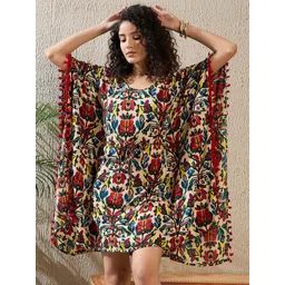 StyleStone Colourblocked Print Kimono Sleeve with Pom-Pom Detail Crepe Kaftan Dress-picture-20