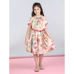 StyleStone Girls Floral Printed Cape Sleeve Pom Pom Tie Up Satin A-Line Dress-picture-27