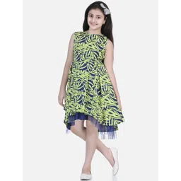StyleStone Girls Lime Green & Blue Tropical Printed High-Low Net Dress-picture-30