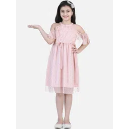 StyleStone Girls Pink Embellished Cold Shoulder Net Dress-picture-35