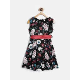 Stylestone Kids Black Floral Print Dress With Tie Belt-picture-26