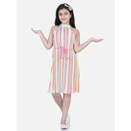StyleStone Kids Girls Multicolored Striped Crepe Pleated Dress-picture-12