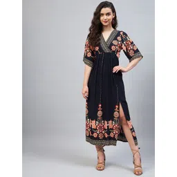 StyleStone Navy Blue Ethnic Motifs A-Line Midi Dress-picture-33