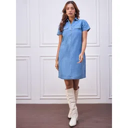 StyleStone Shirt Collar Cotton Denim Shirt Dress-picture-39