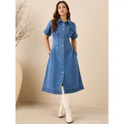 StyleStone Shirt Collar Gathered or Pleated Pocket Detailing Denim Shirt Dress-picture-40