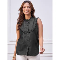 StyleStone Solid Round Neck Ruffles Denim Cotton Regular Top-picture-24