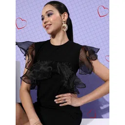 StyleStone Women Black Solid Flutter Sleeves Dress-picture-32