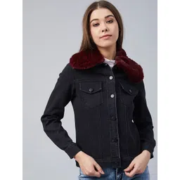 StyleStone Women Black Washed Crop Outdoor Denim Jacket-picture-16