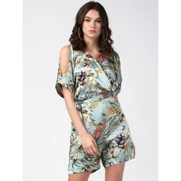 StyleStone Women Blue & Olive Green Tropical Print Cold Shoulder Playsuit-picture-30