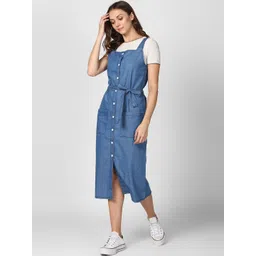 StyleStone Women Blue Solid Denim Pinafore Dress-picture-18