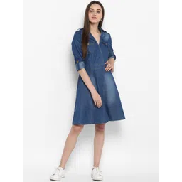 StyleStone Women Blue Solid Denim Shirt Dress-picture-29