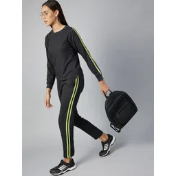 StyleStone Women Cotton Charcoal Solid With Lime Green Side Taping Tracksuit-picture-21
