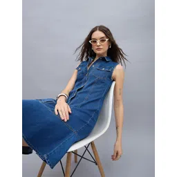 StyleStone Women Denim Shirt Collar Midi Dress-picture-42