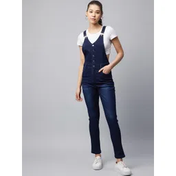 StyleStone Women Navy Blue  Solid Slim Fit Denim Dungarees-picture-35