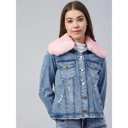 StyleStone Women Pink Lapel Collar Washed Denim Jacket-picture-32