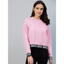 StyleStone Women Pink Printed Love Taped Fleece Crop Sweatshirt-picture-32