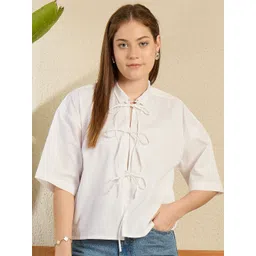 StyleStone Women Shirt Collar Front Tie Up Cotton Top-picture-39