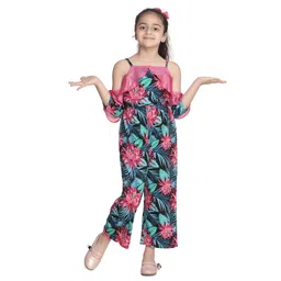 StyleStone Woven Cold Shoulder Frill Detailed Floral Printed Jumpsuit - Pink & Navy Blue-picture-25