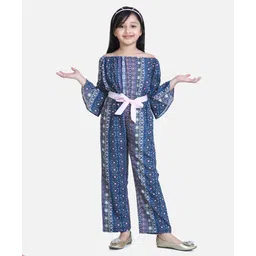 StyleStone Woven Off Shoulder Bell Sleeves Floral Printed Jumpsuit - Blue-picture-19