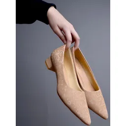 Stylestry Tan Textured Pointed Toe Block Heels-picture-20