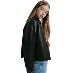 styleverse-stay in style Women Black Faux Leather Bomber Jacket With Front Zip Closure And Minimal Design For Casual Or Semi Formal Look-picture-47