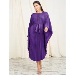 Styli Accordion Pleats Tie Up Detail Flared Sleeve Kaftan Midi Dress-picture-23