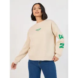 Styli Beige Polyester Ribbed Printed Sweatshirts-picture-25