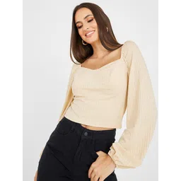 Styli Beige Striped Sweetheart Neck Crop Top-picture-16