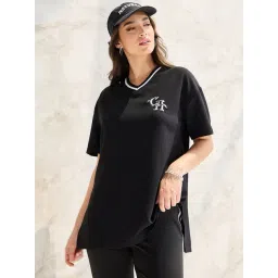 Styli Black Cotton Self Pattern Oversized T-Shirt-picture-21