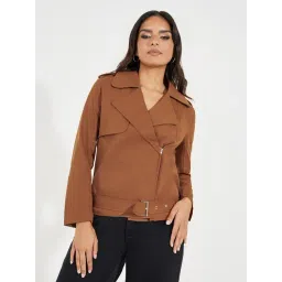 Styli Brown Plain Jacket With Belt-picture-37