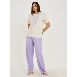 Styli Cream & Purple Cotton Printed T-Shirt Pyjama Set-picture-36