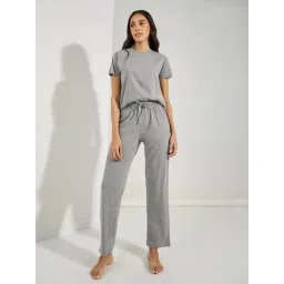 Styli Grey Cotton Blend Solid Pyjama Set-picture-30