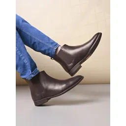 Styli Men Brown Faux Leather Round Toe Chelsea Boots-picture-38