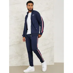Styli Men Navy Blue Shoulder Tape Detail Zip Through Interlock Pure Cotton Tracksuit-picture-36