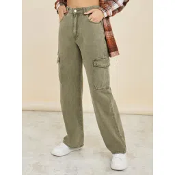 Styli Olive Cotton Relaxed Fit High Rise Cargo Jeans-picture-22