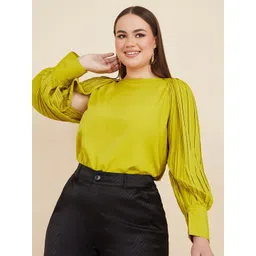 Styli Plus Size Pleated Bishop Slit Sleeves Round Neck Regular Top-picture-24