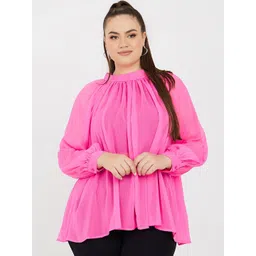 Styli Plus Size Sheer High Neck Tie Back Blouse Top-image-34
