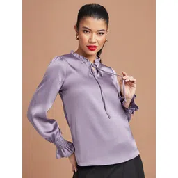 Styli Purple Frill Cuff Sleeves Tie Up Neck Blouse-picture-26