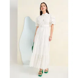 Styli Self Design Schiffle Pure Cotton Tiered Maxi Dress with Belt-picture-24