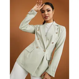 Styli Woman Green Solid Double-Breasted Blazer-picture-29