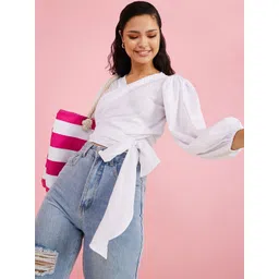 Styli Woman Solid V-Neck Bishop Sleeves Waist Tie-Ups Wrap Crop Top-picture-15