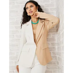 Styli Women Beige & White Colorblock Longline Blazer with Flap Detail-picture-19