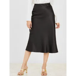 Styli Women Black High Rise Flared Solid A-Line Midi Length Skirt-picture-21