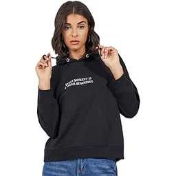 styli Women Black Oversized Fit Regular Length Slogan Print Hoodie-picture-32