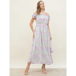 Styli Women Floral Print Off-Shoulder Puff Sleeve A-Line Maxi Dress-picture-19