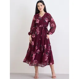 Styli Women Floral Printed Belted A-Line Midi Dresses-picture-30