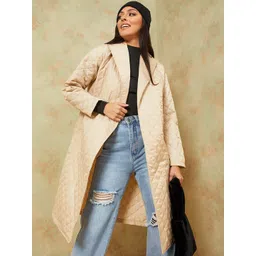 Styli Women Nude-Coloured Quilted Knee Length Overcoat with Buckle Belt-picture-26