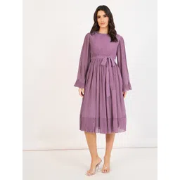 Styli Women Pleated A-Line Midi Length Dress With Flare Sleeves-picture-35