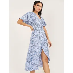 Styli Women Purple Flared Short Sleeves V Neck Floral Print Wrap Midi Dress-picture-18