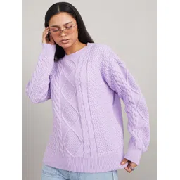 Styli Women Purple Self Design Round Neck Pullover-picture-20